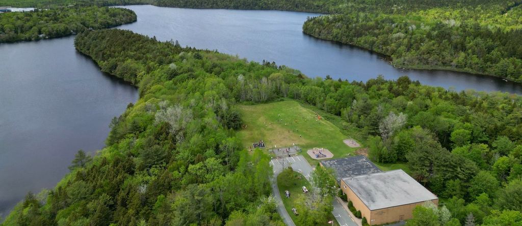 Aerial view of the Sandy Lake Academy campus on the shore of Sandy Lake